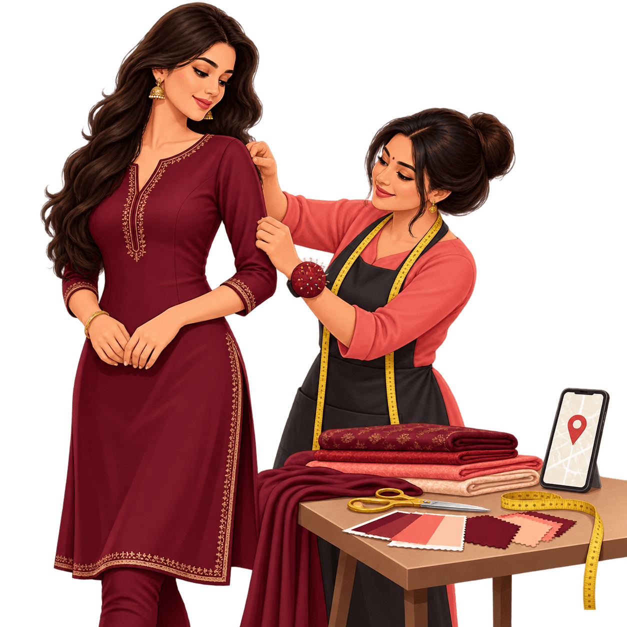 Local tailor fitting a burgundy kurti